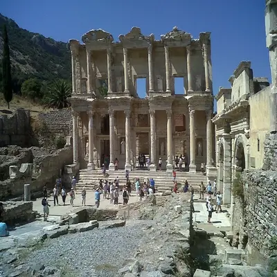 The monumental facade of the Celsus Library at Ephesus